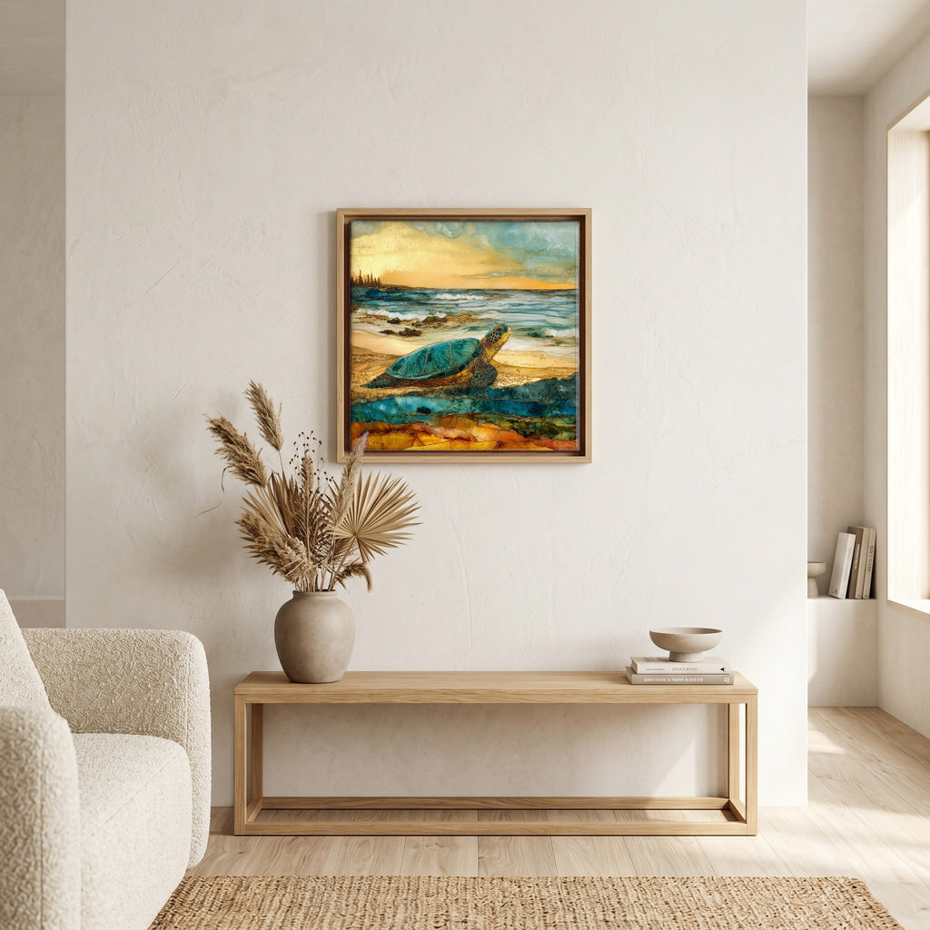 Above the bench, in a warm oak surround.