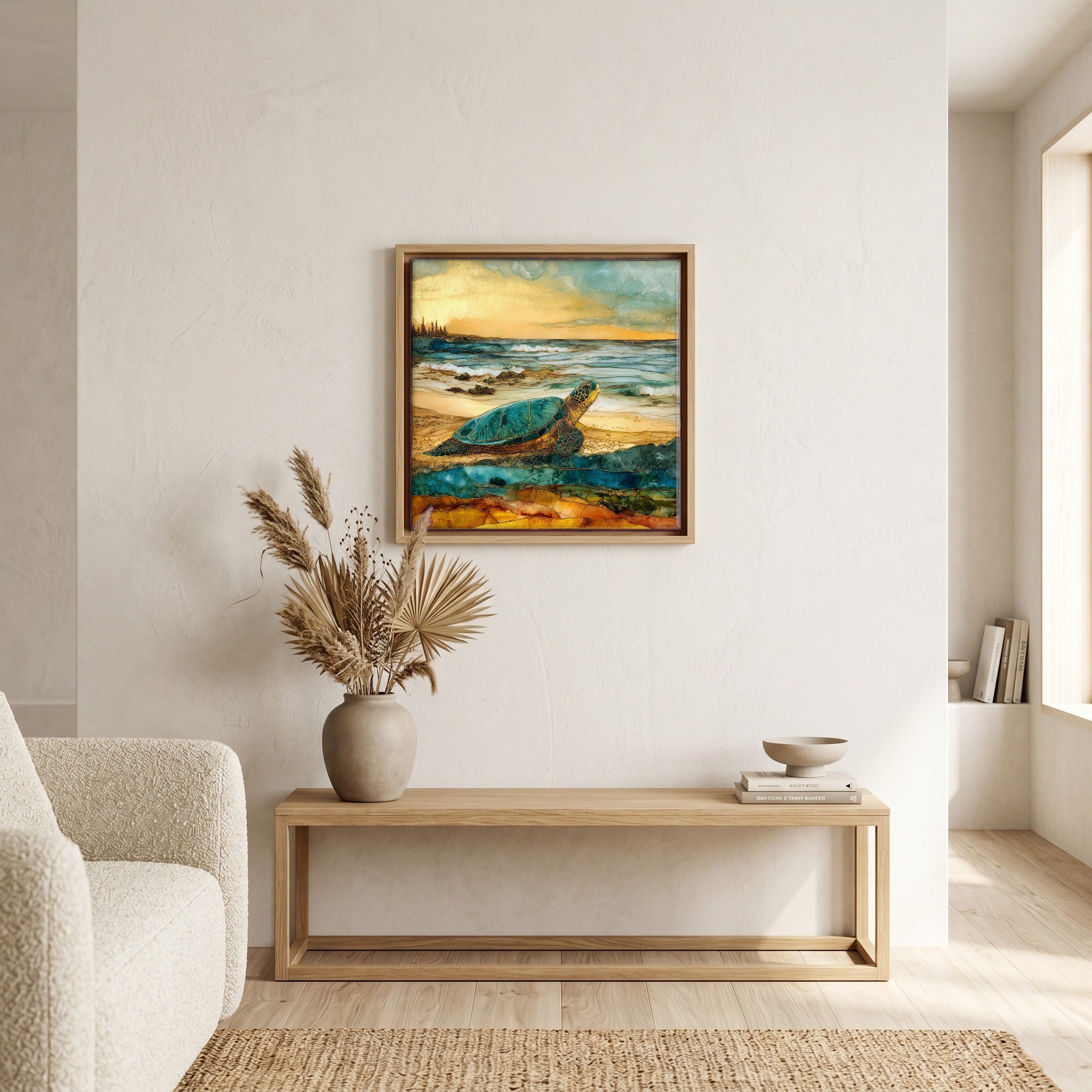 Above the bench, in a warm oak surround.