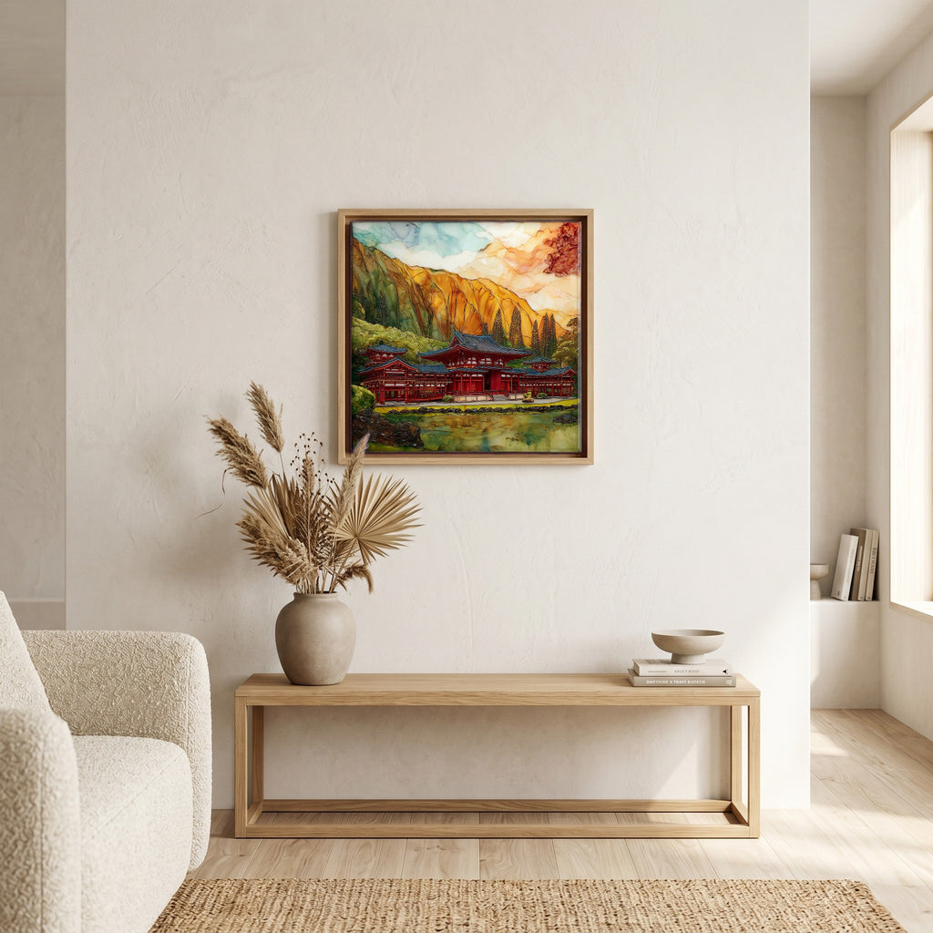 Above the bench, in a warm oak surround.