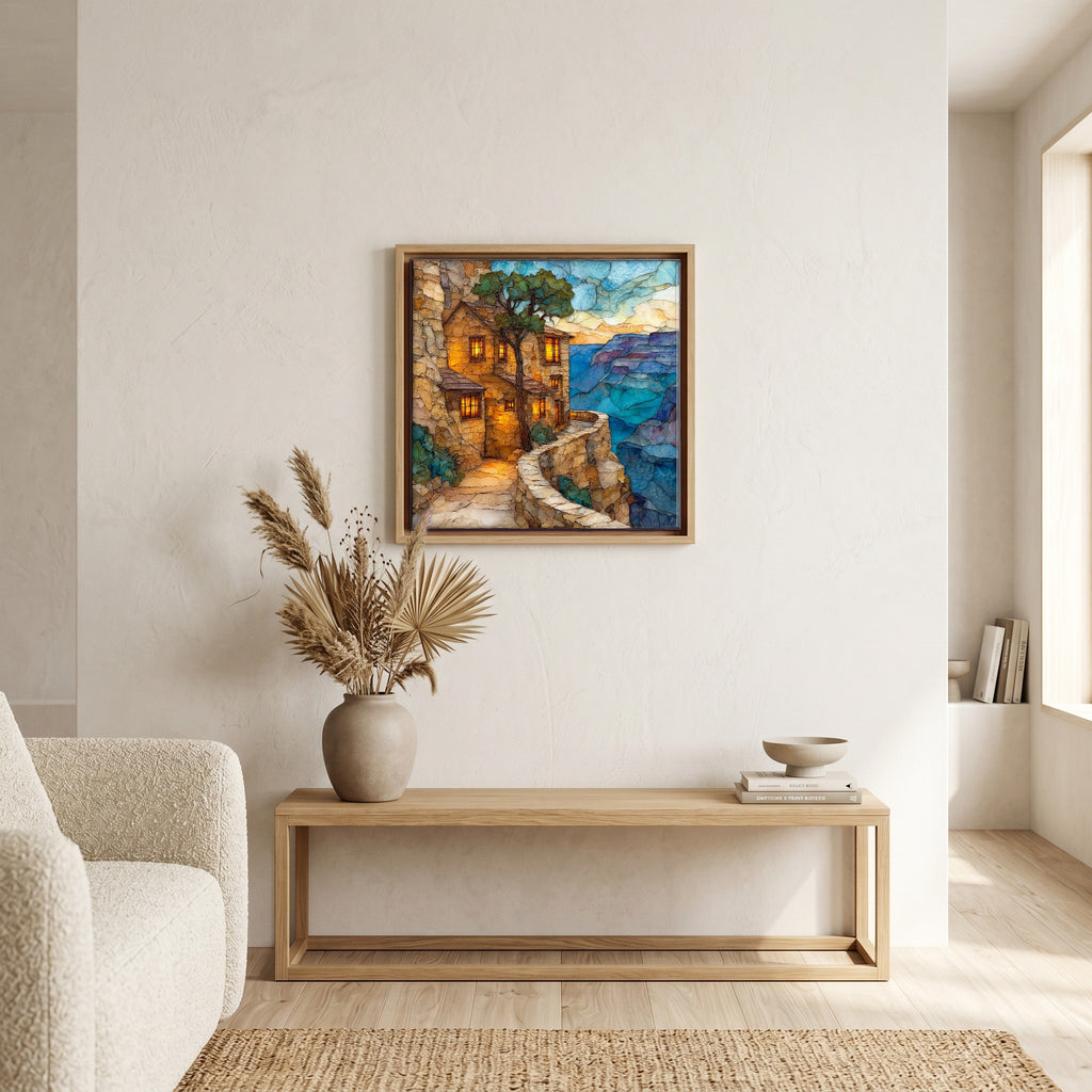 In the living room, above the sofa.