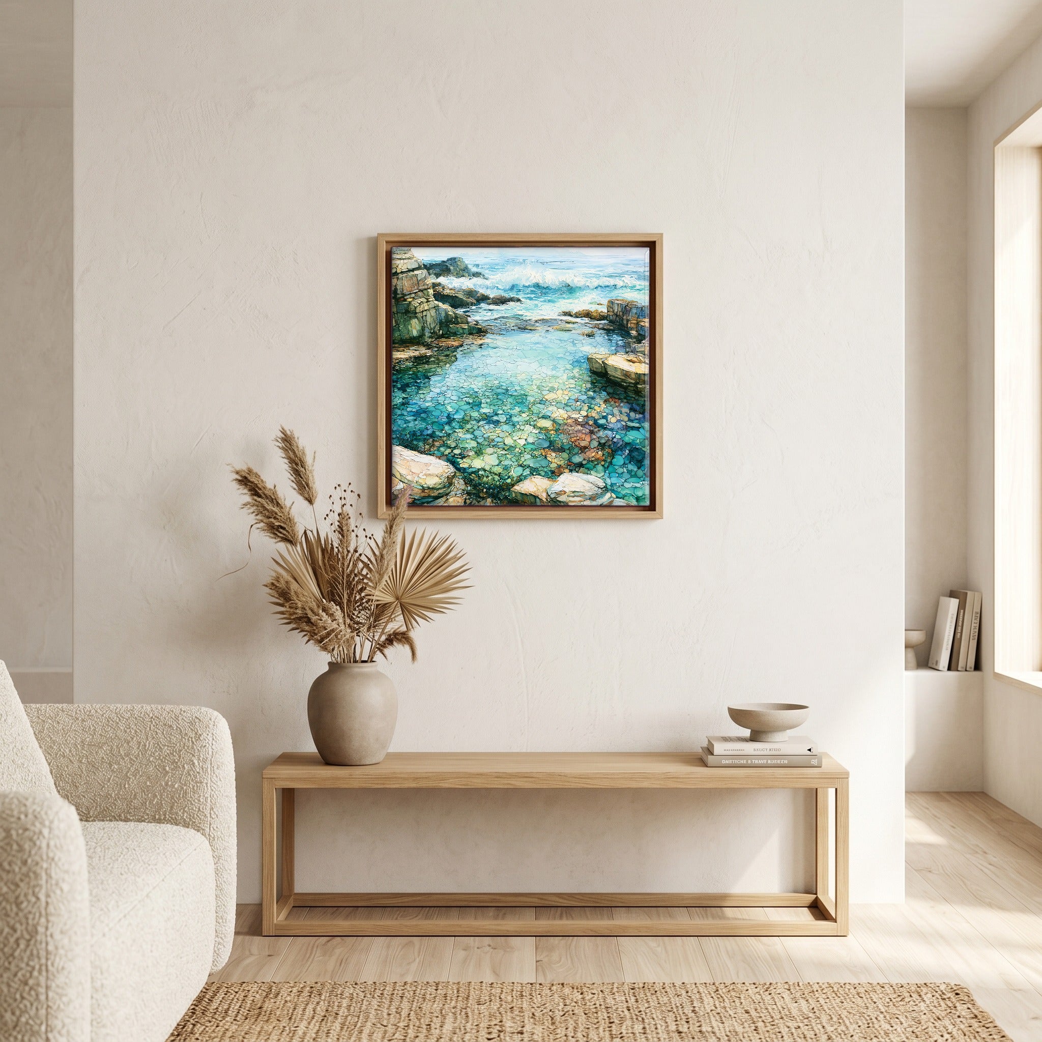 In the living room, above the sofa.
