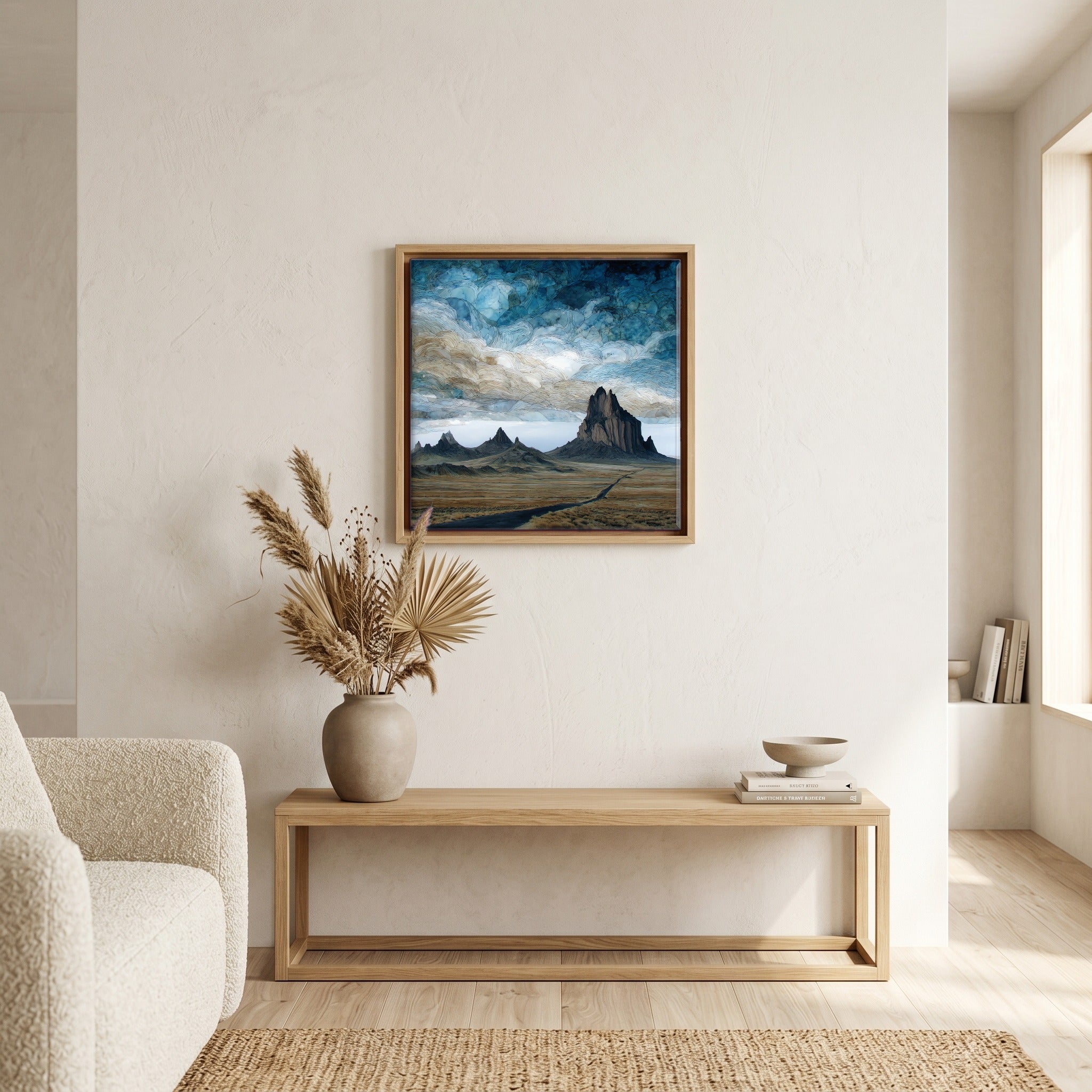 In the living room, above the sofa.