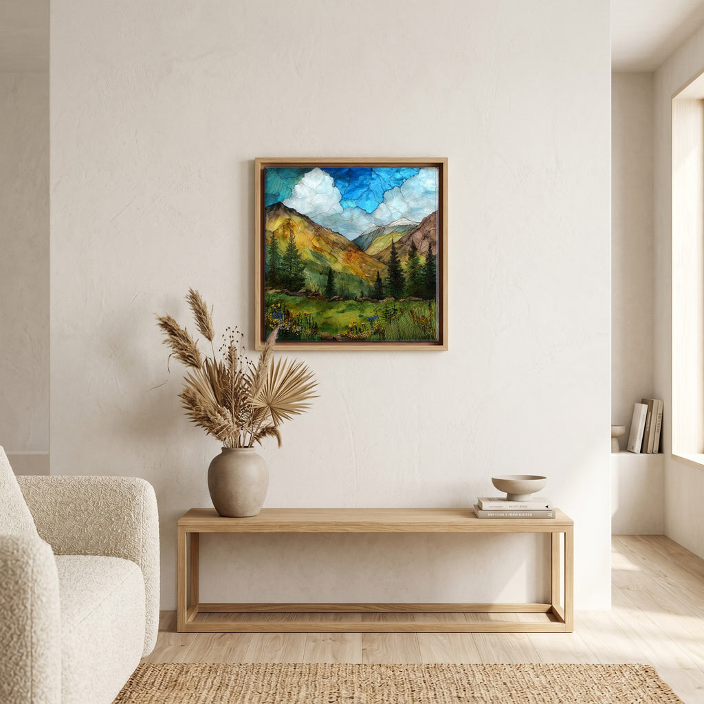 In the living room, above the sofa.