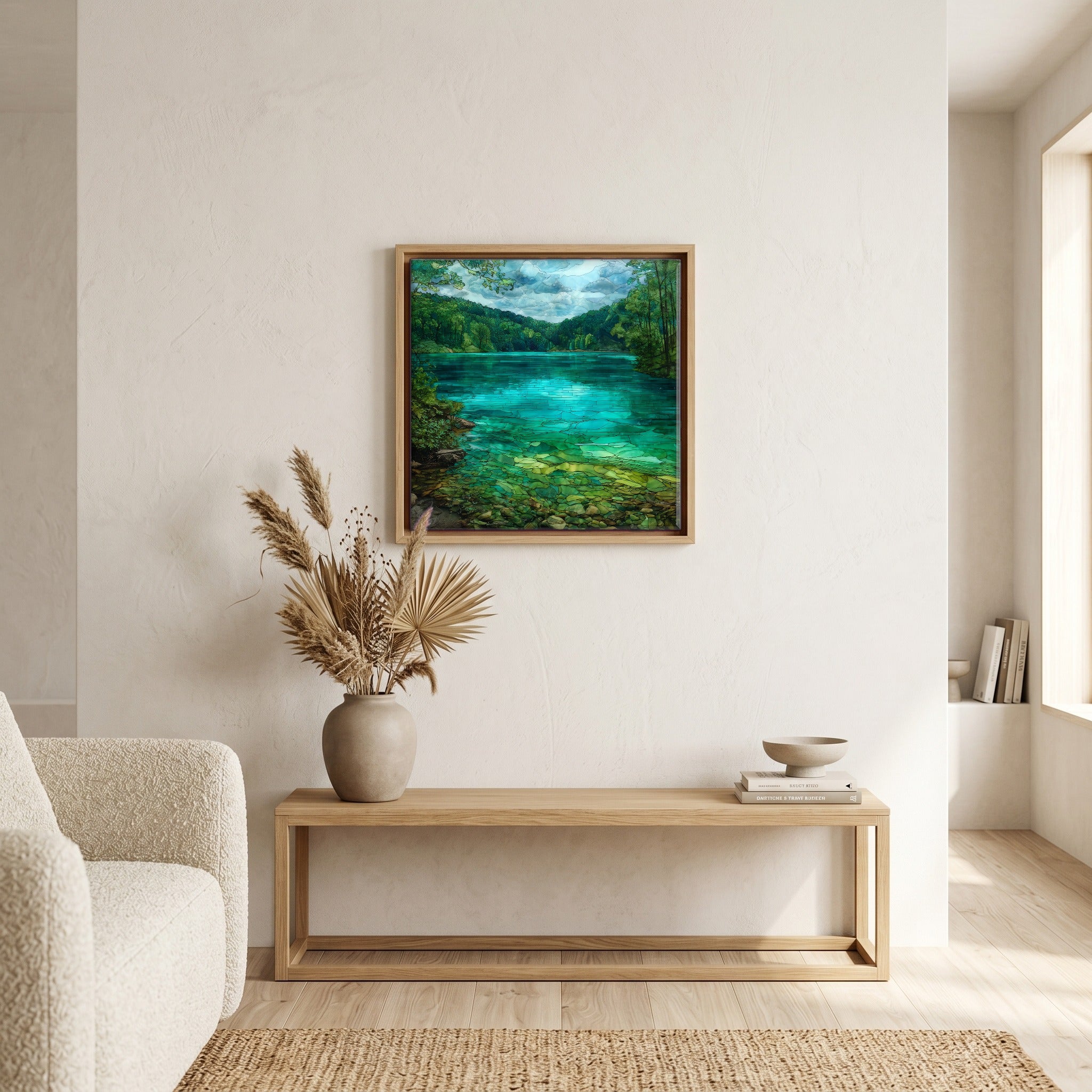 In the living room, above the sofa.