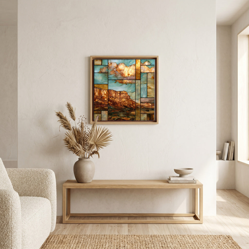 In the living room, above the sofa.
