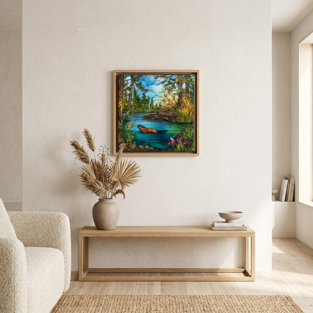 In the living room, above the sofa.