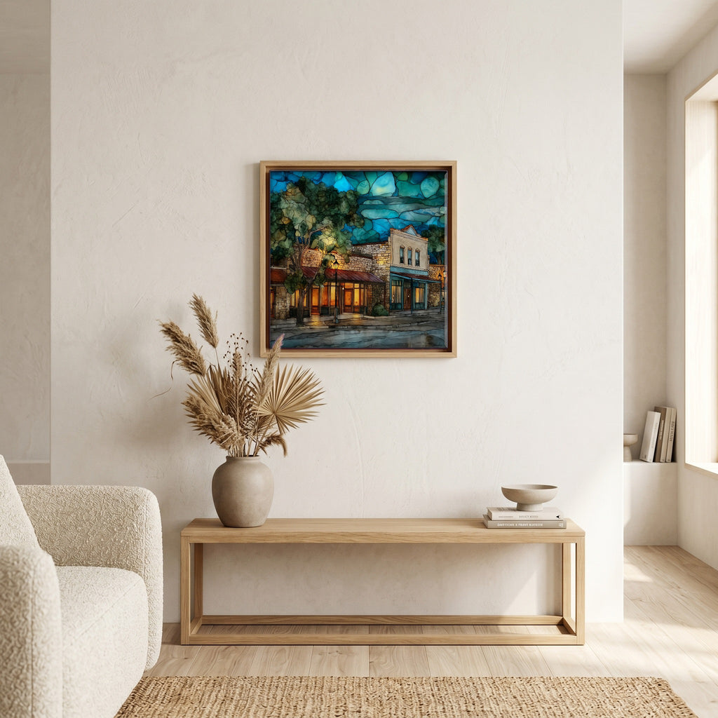 In the living room, above the sofa.
