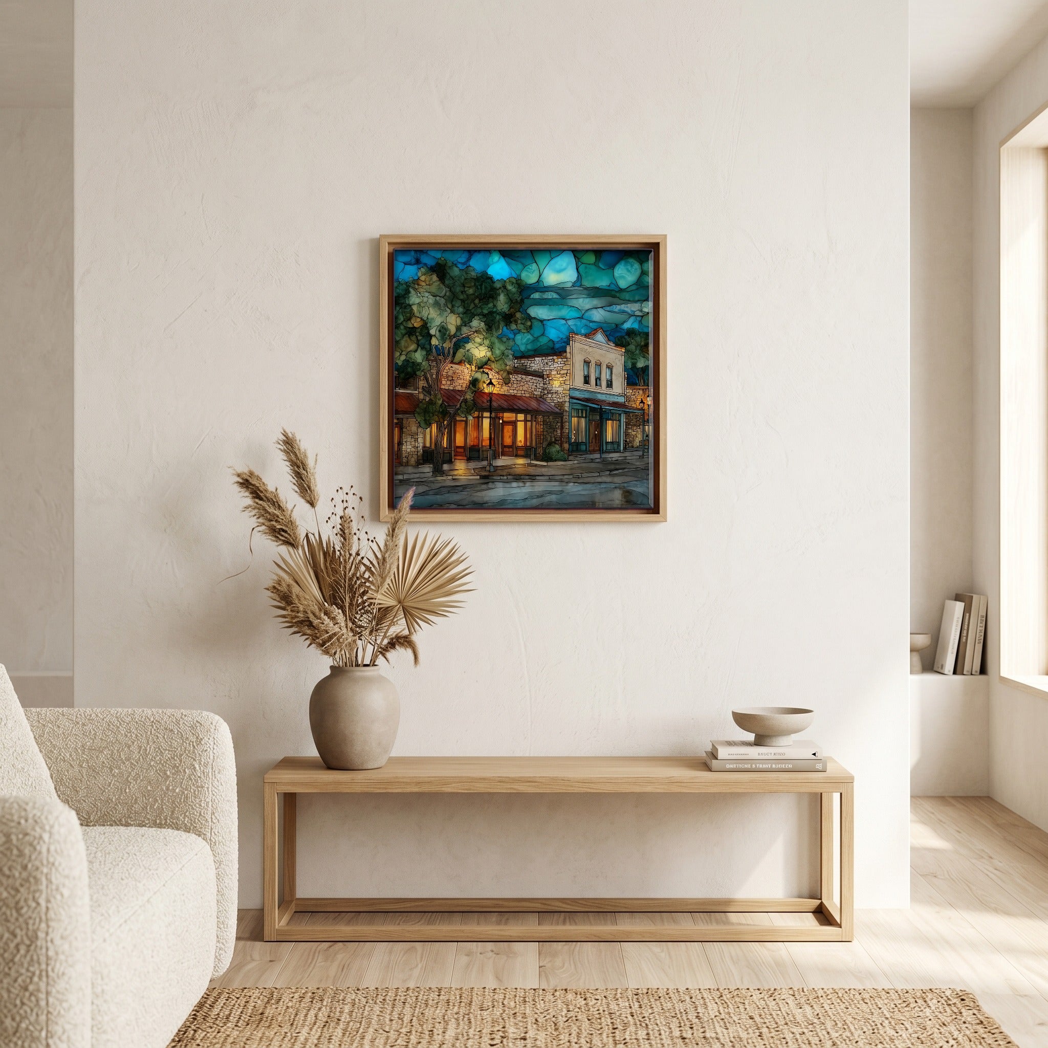 In the living room, above the sofa.