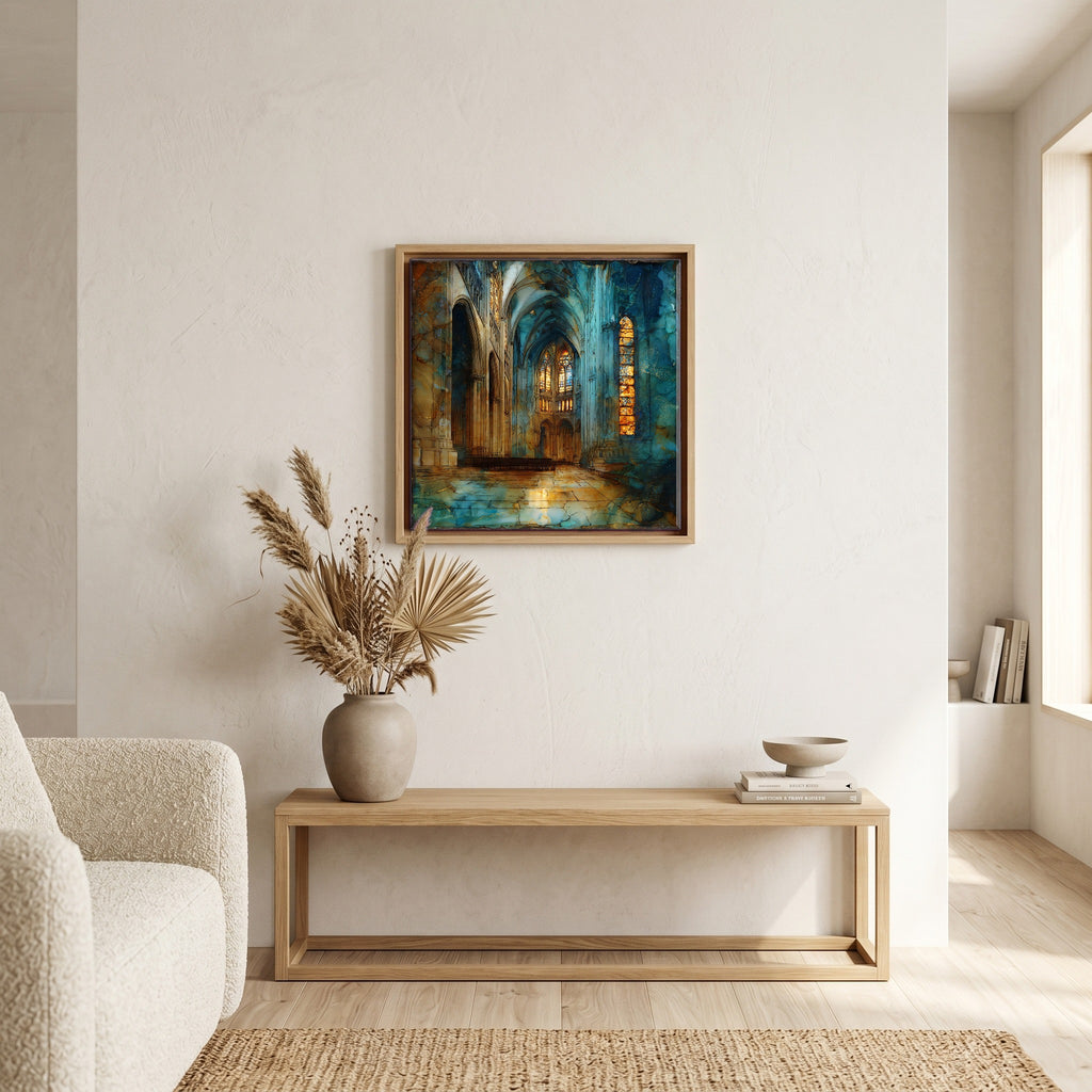 Above the bench, in a warm oak surround.