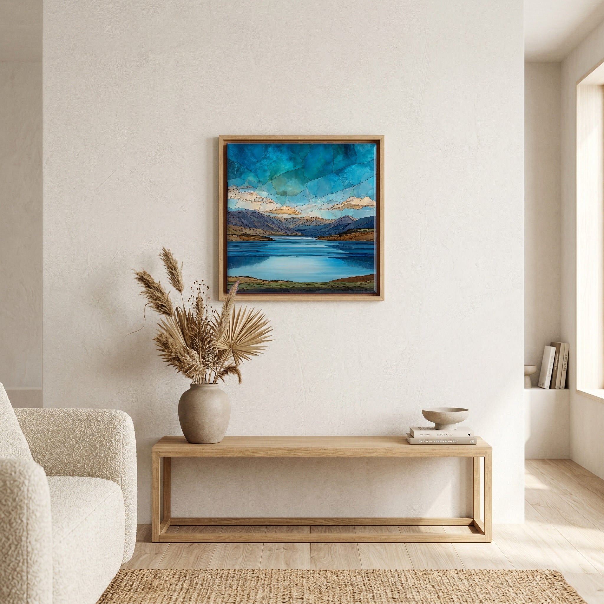 In the living room, above the sofa.