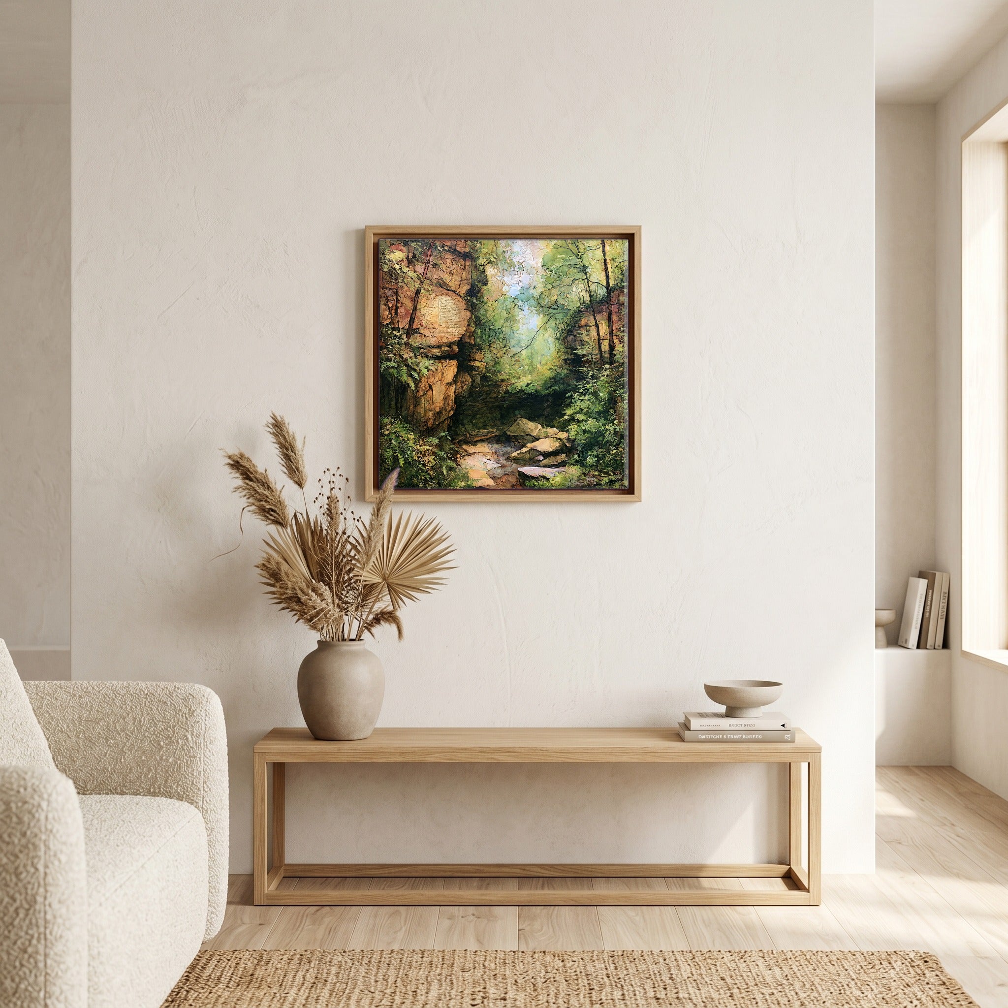 In the living room, above the sofa.