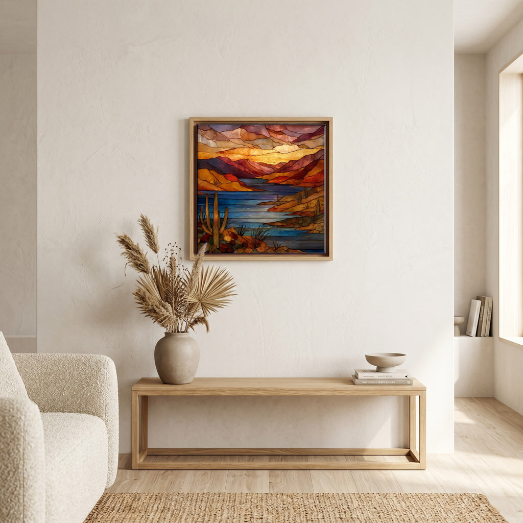 In the living room, above the sofa.