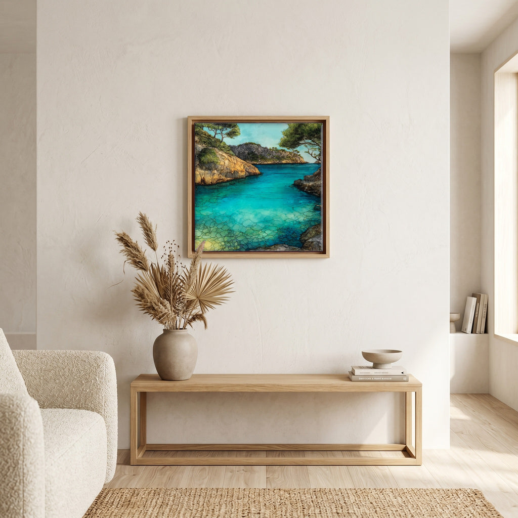 In the living room, above the sofa.