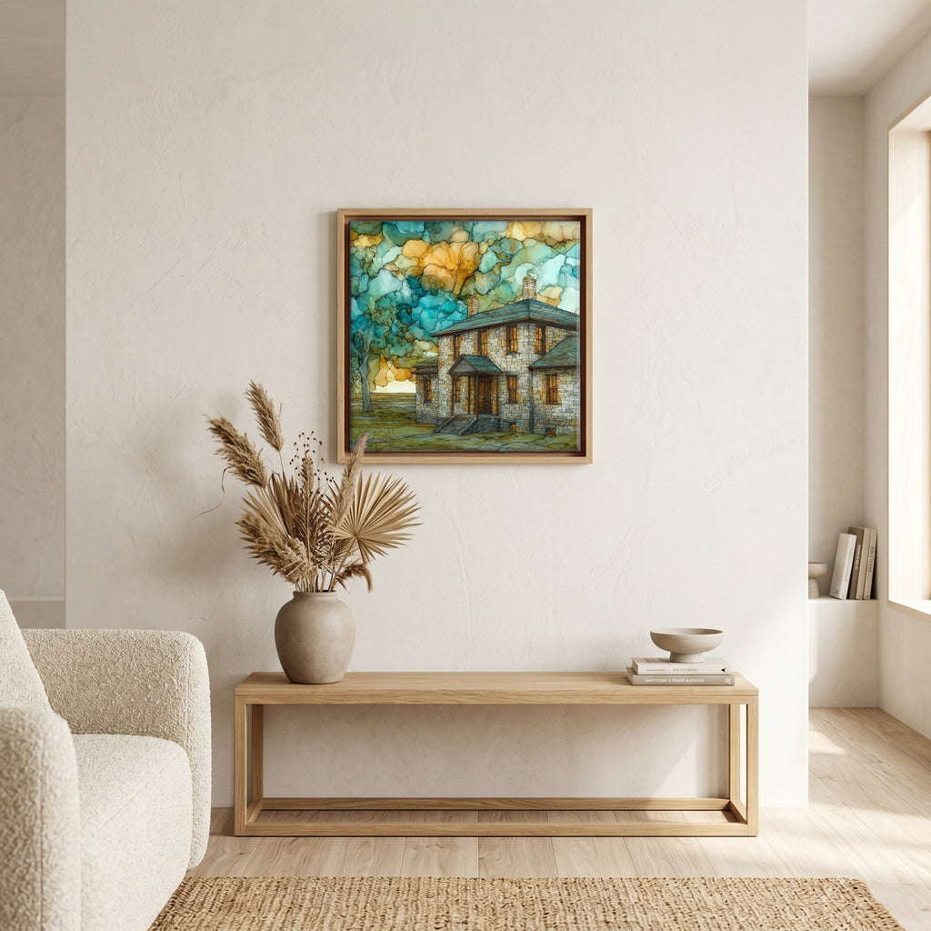 In the living room, above the sofa.