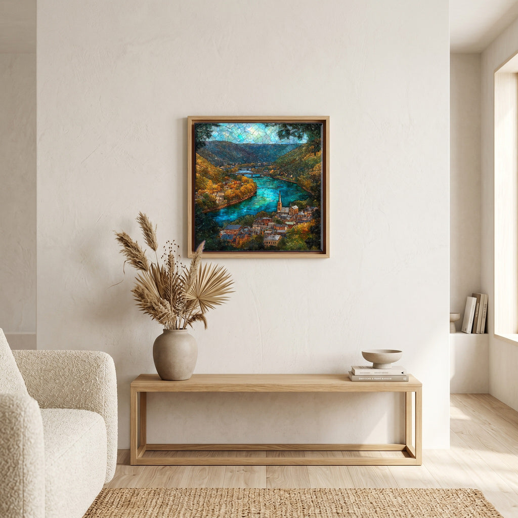 In the living room, above the sofa.