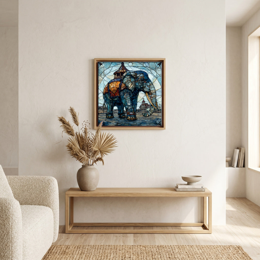In the living room, above the sofa.