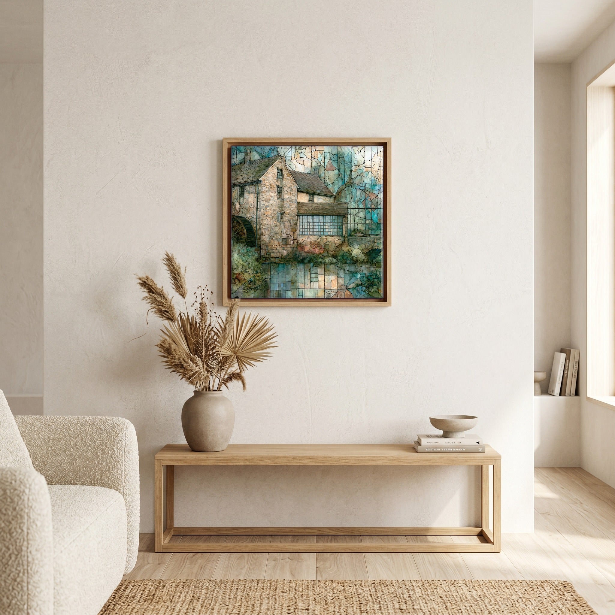 In the living room, above the sofa.