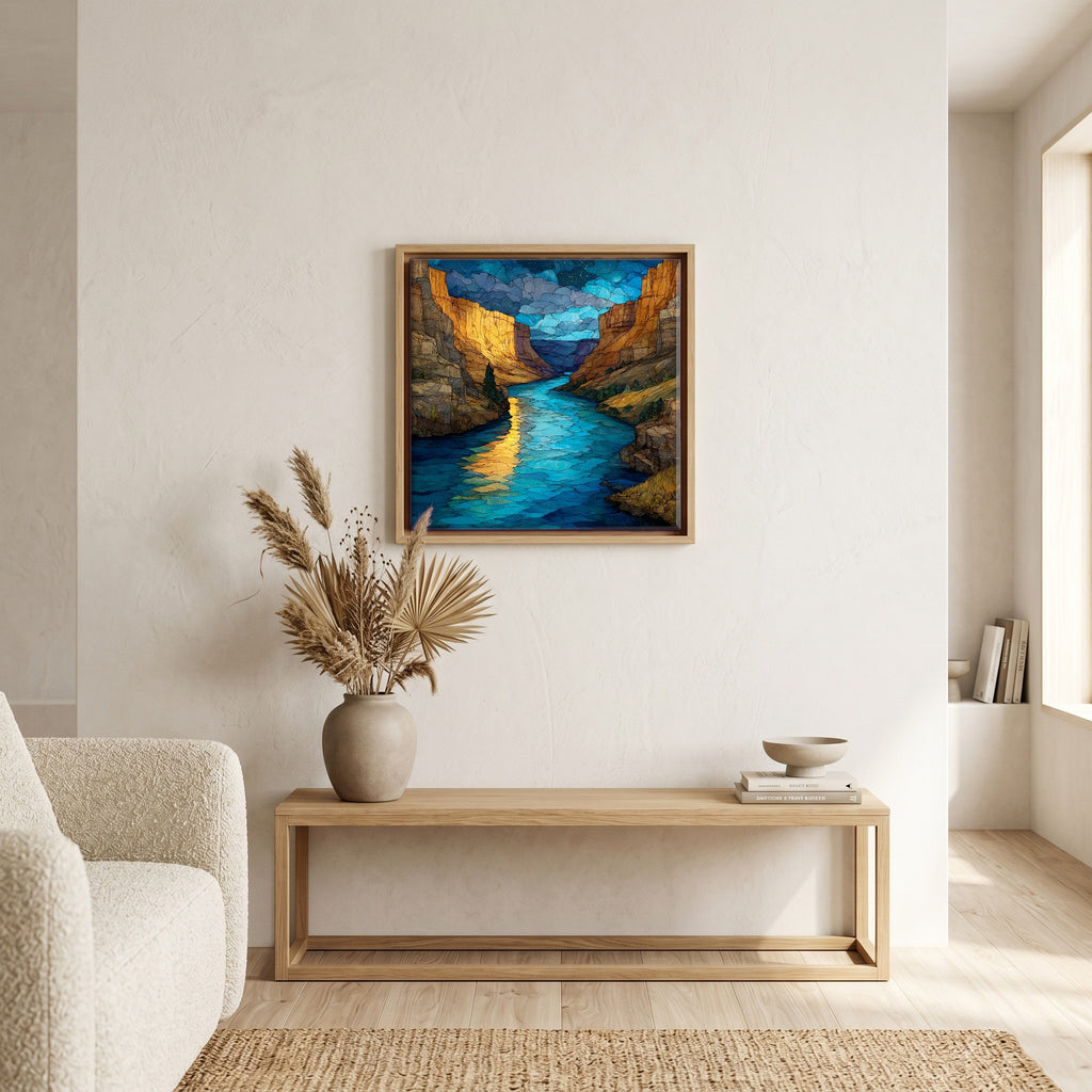 In the living room, above the sofa.