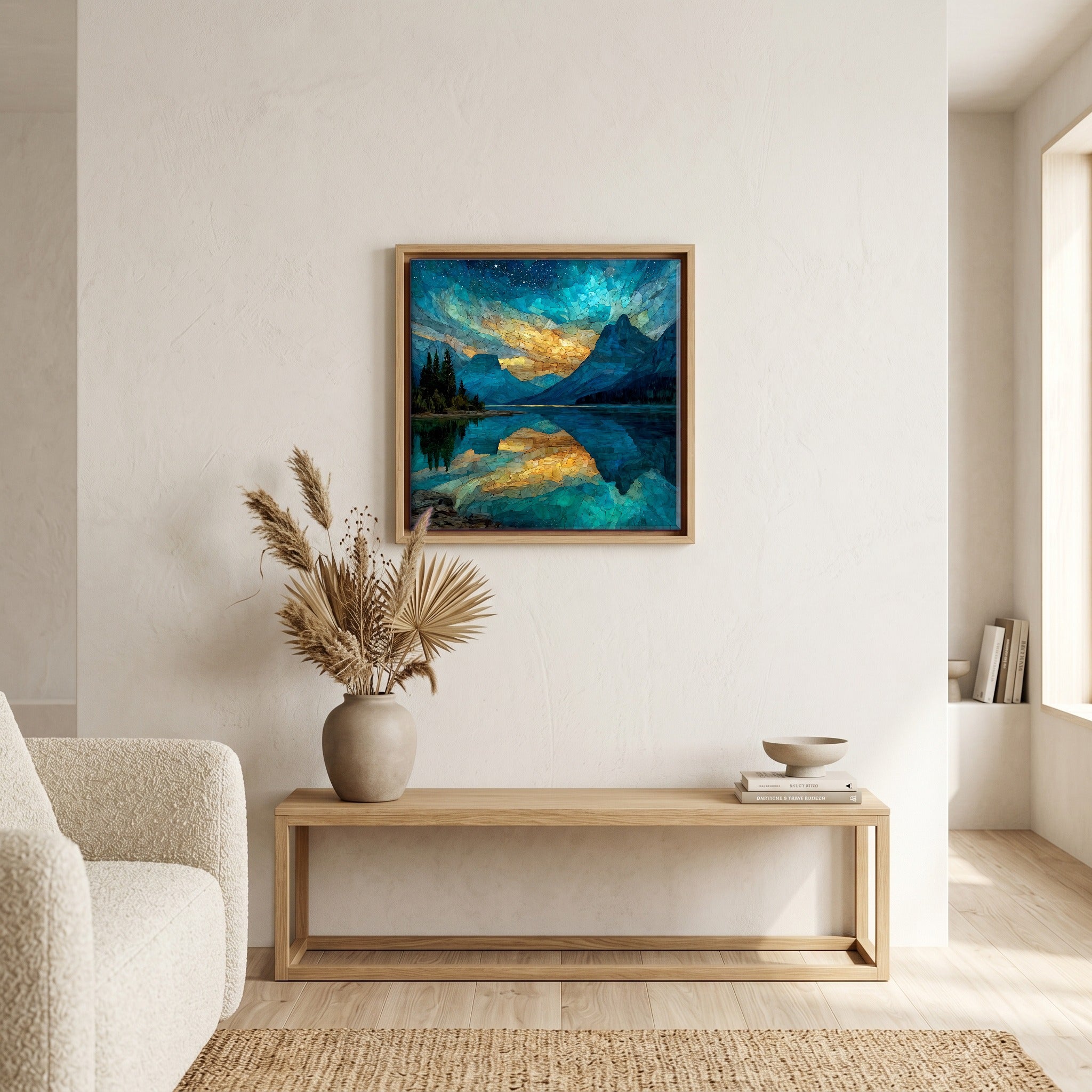 In the living room, above the sofa.