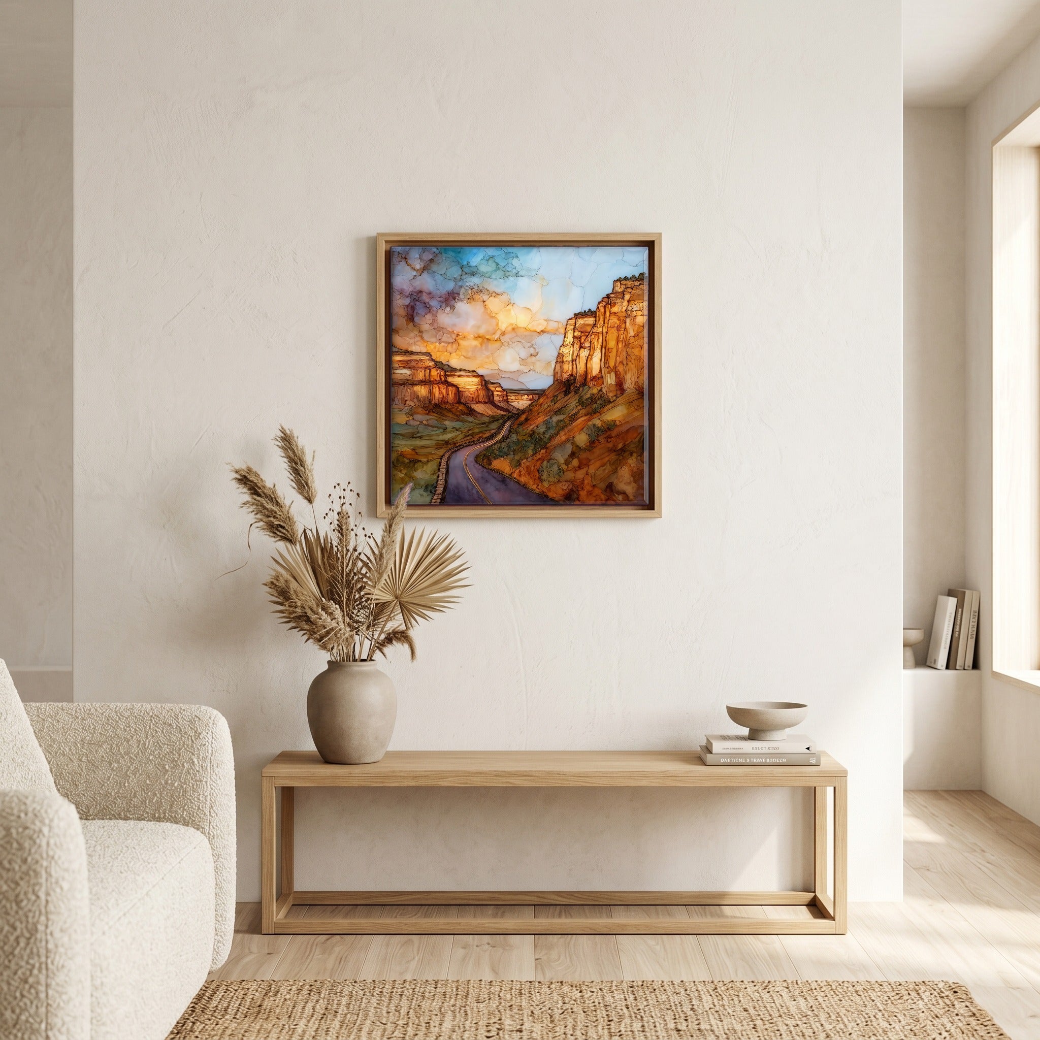 Above the bench, in a warm oak surround.