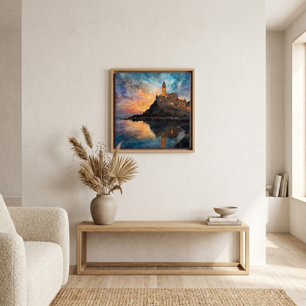 Above the bench, in a warm oak surround.