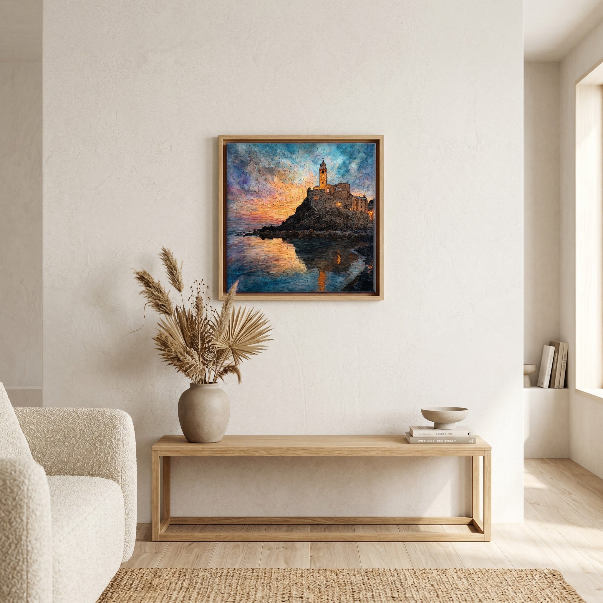 Above the bench, in a warm oak surround.