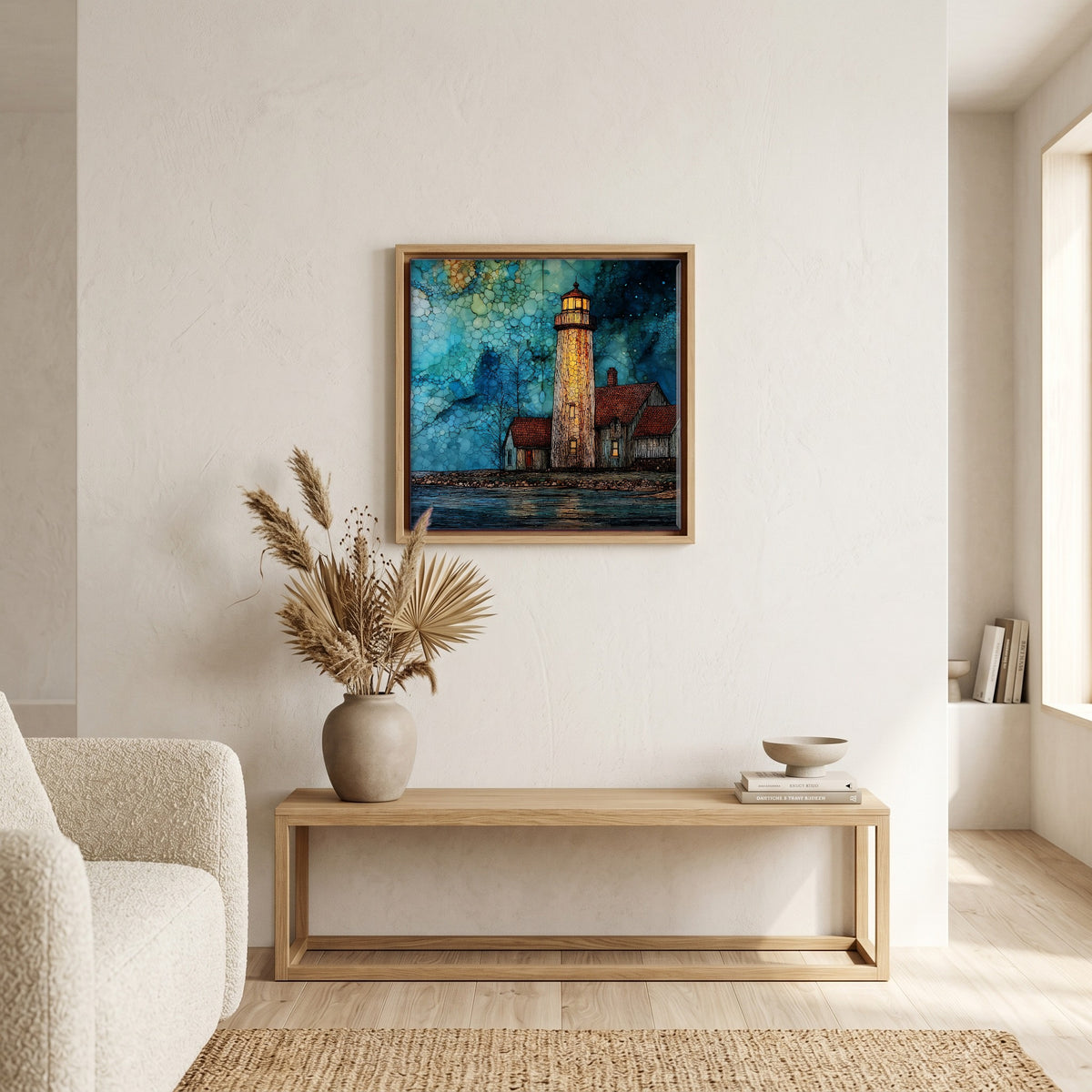 In the living room, above the sofa.