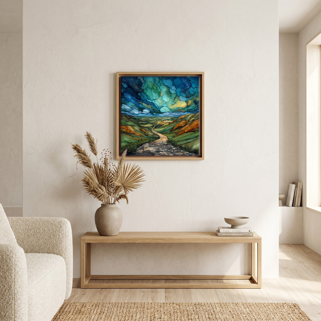 In the living room, above the sofa.