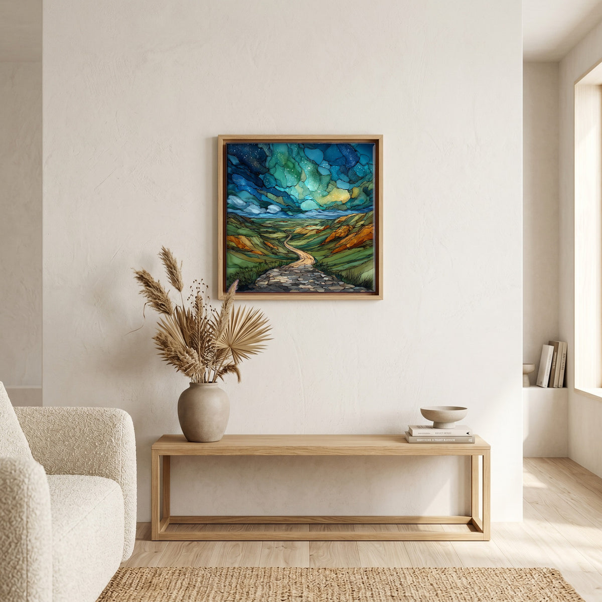 In the living room, above the sofa.
