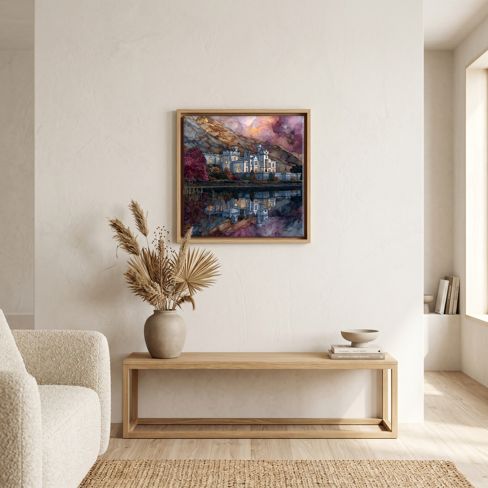 Above the bench, in a warm oak surround.