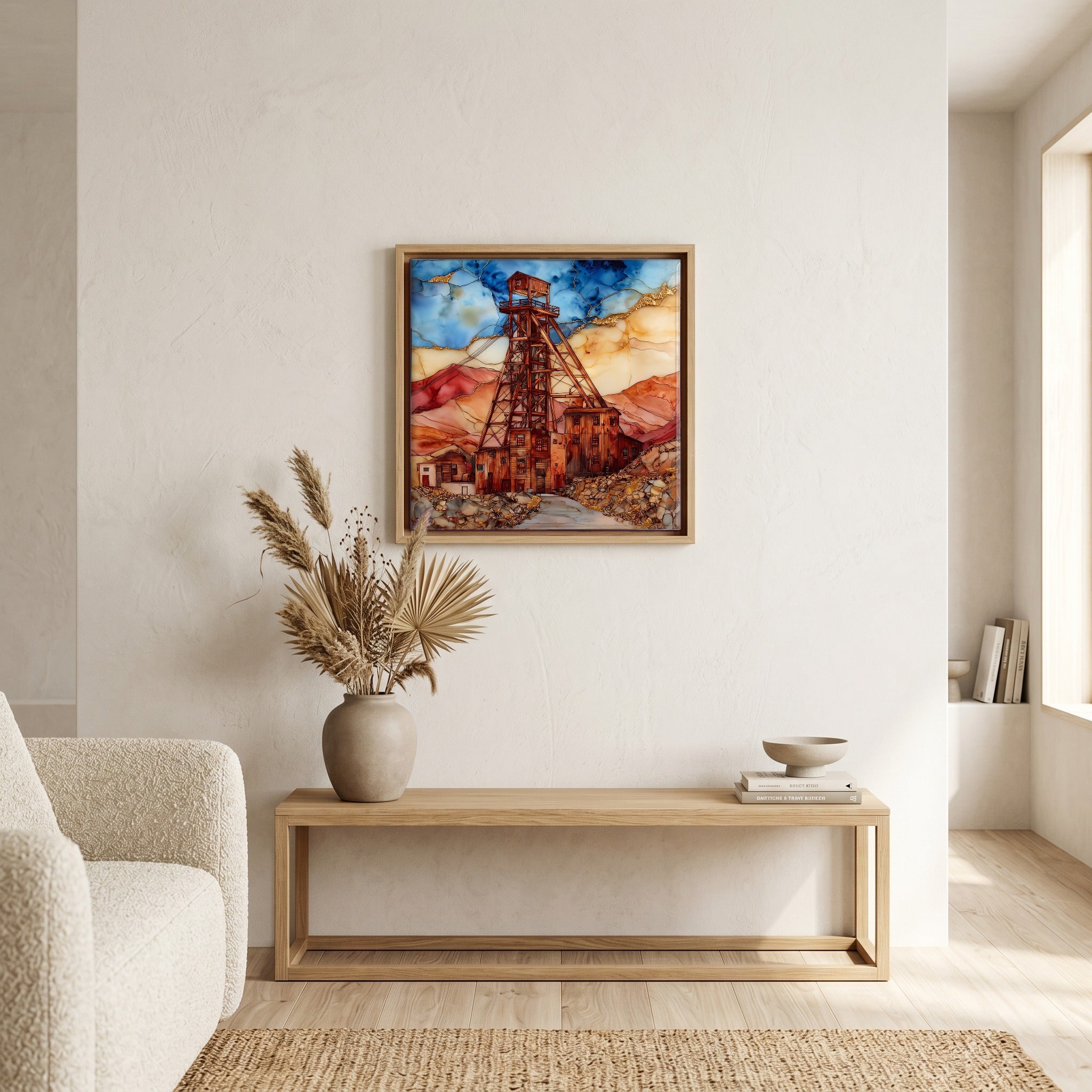 In the living room, above the sofa.