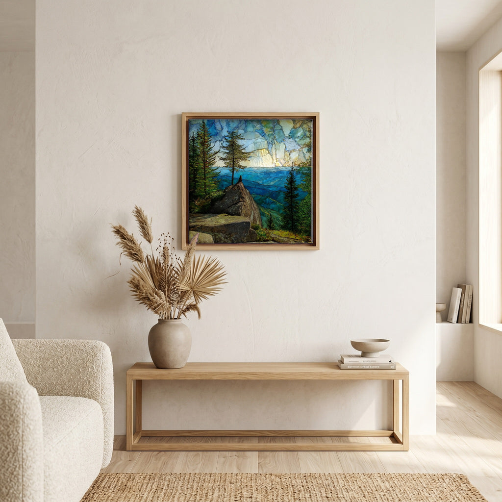 In the living room, above the sofa.
