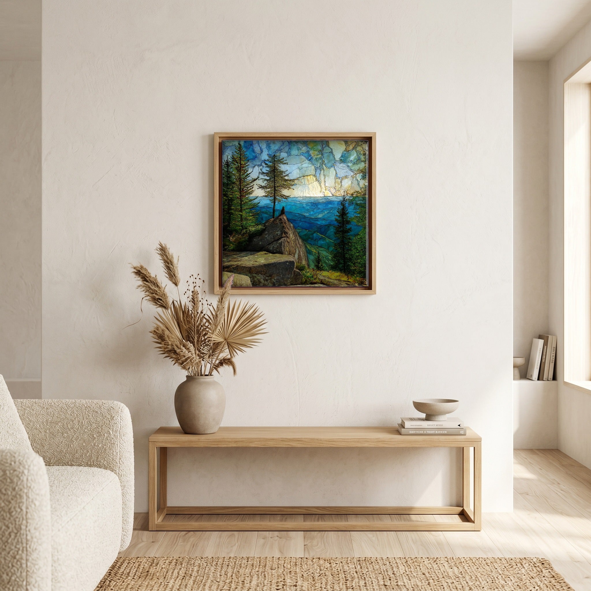In the living room, above the sofa.