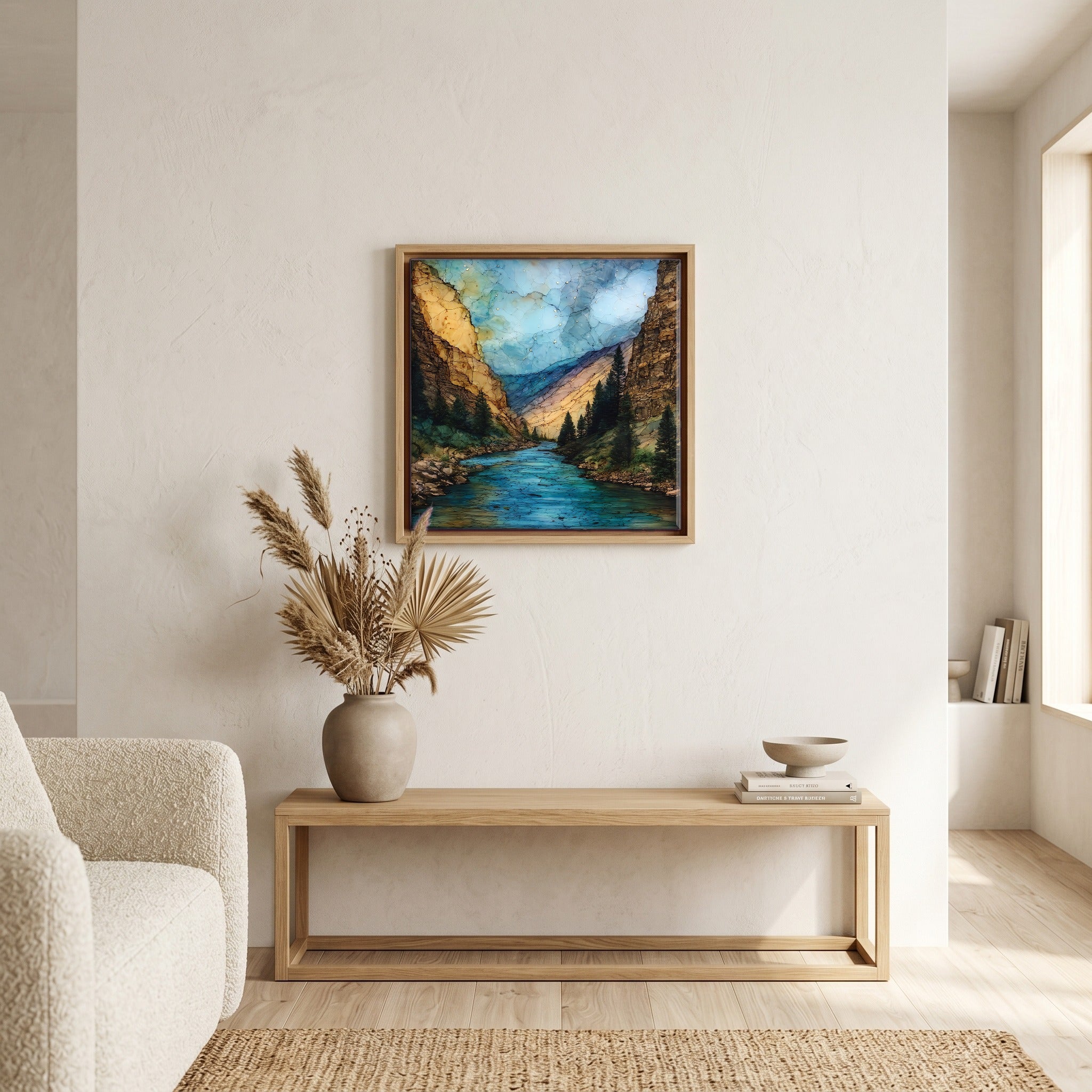 In the living room, above the sofa.