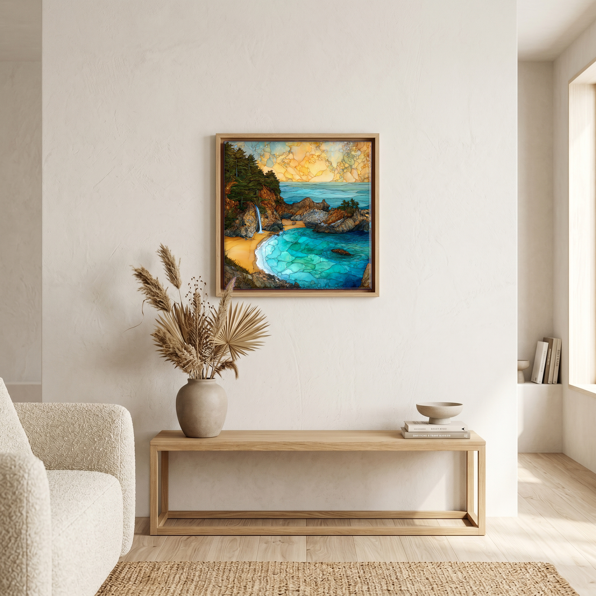 Above the bench, in a warm oak surround.