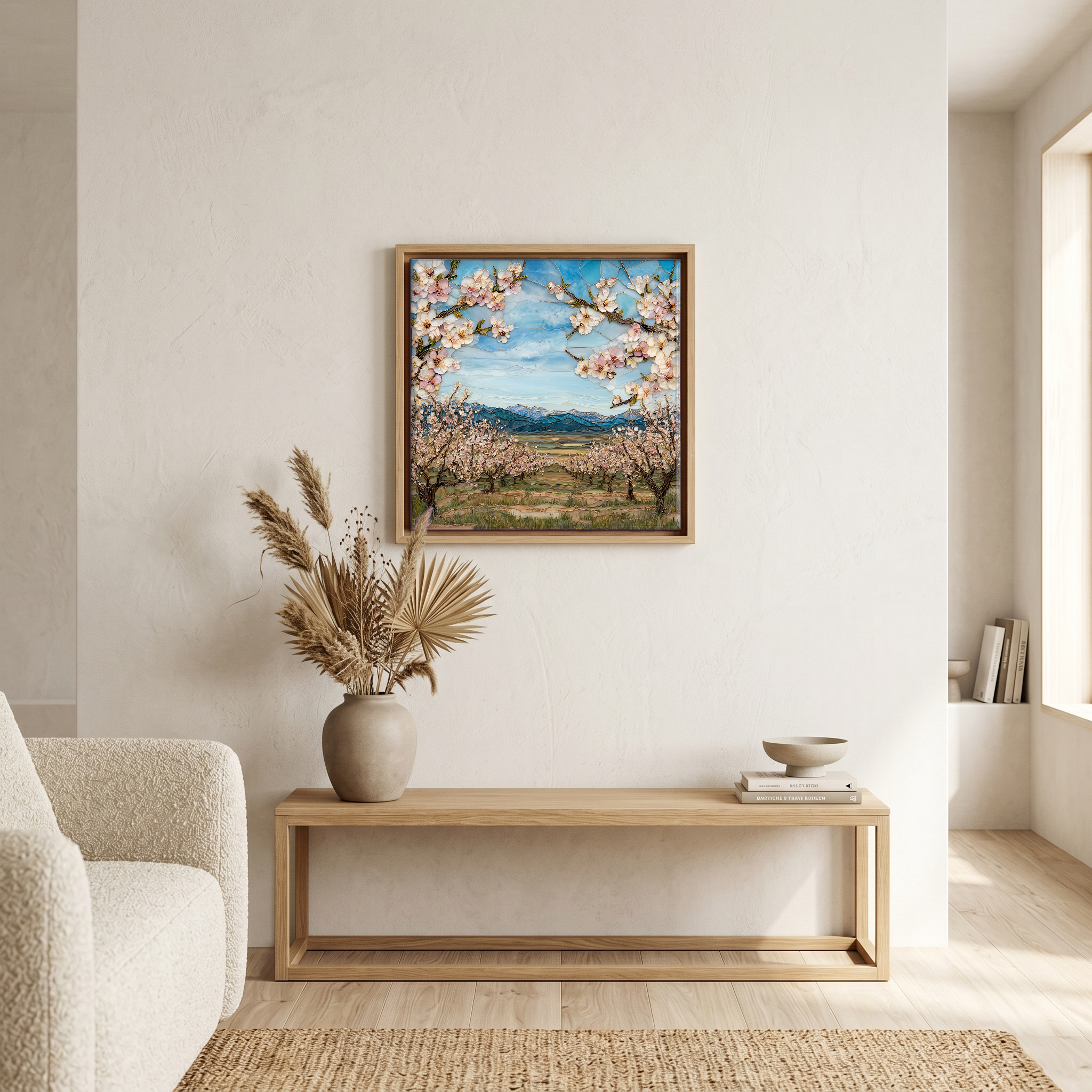 Above the bench, in a warm oak surround.