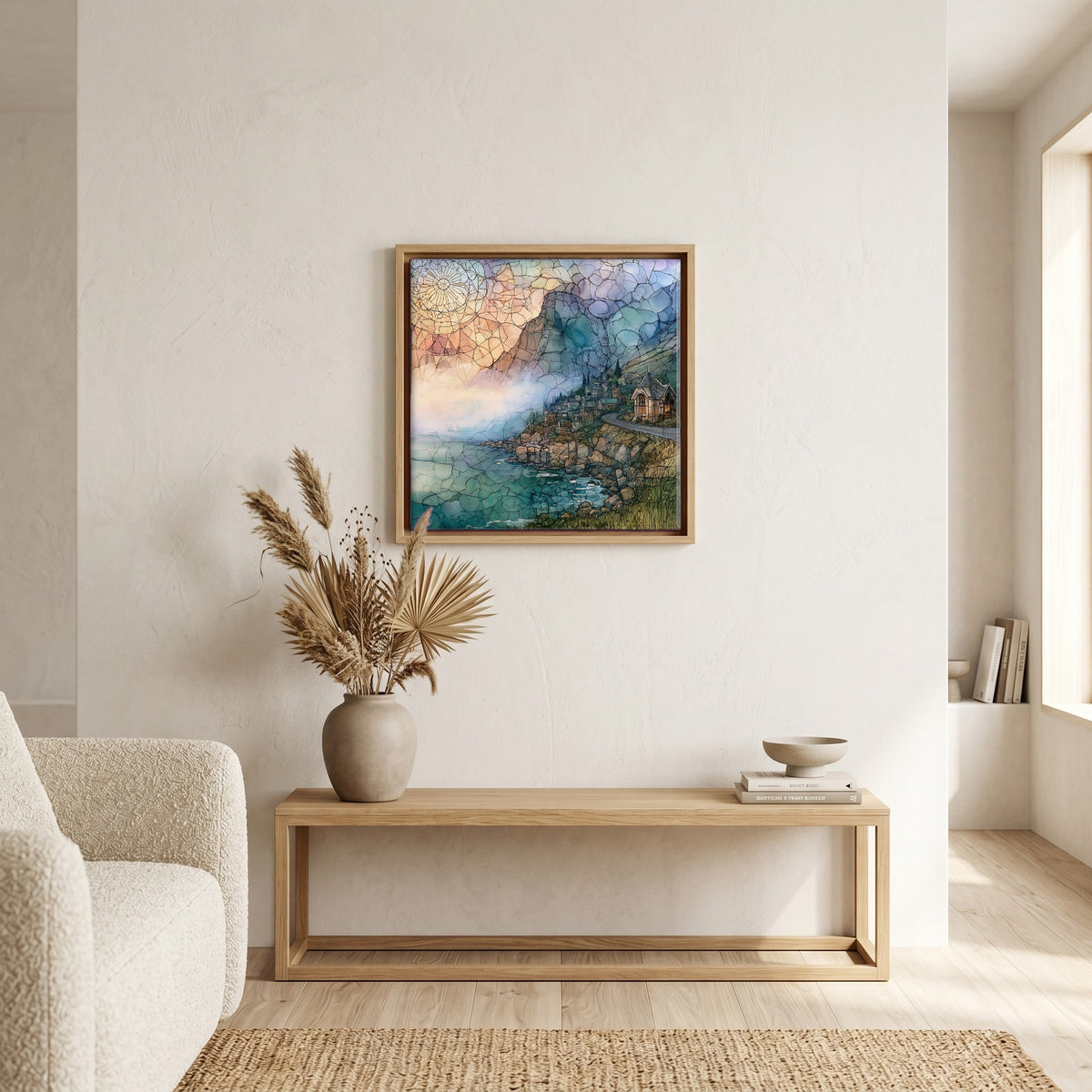 In the living room, above the sofa.