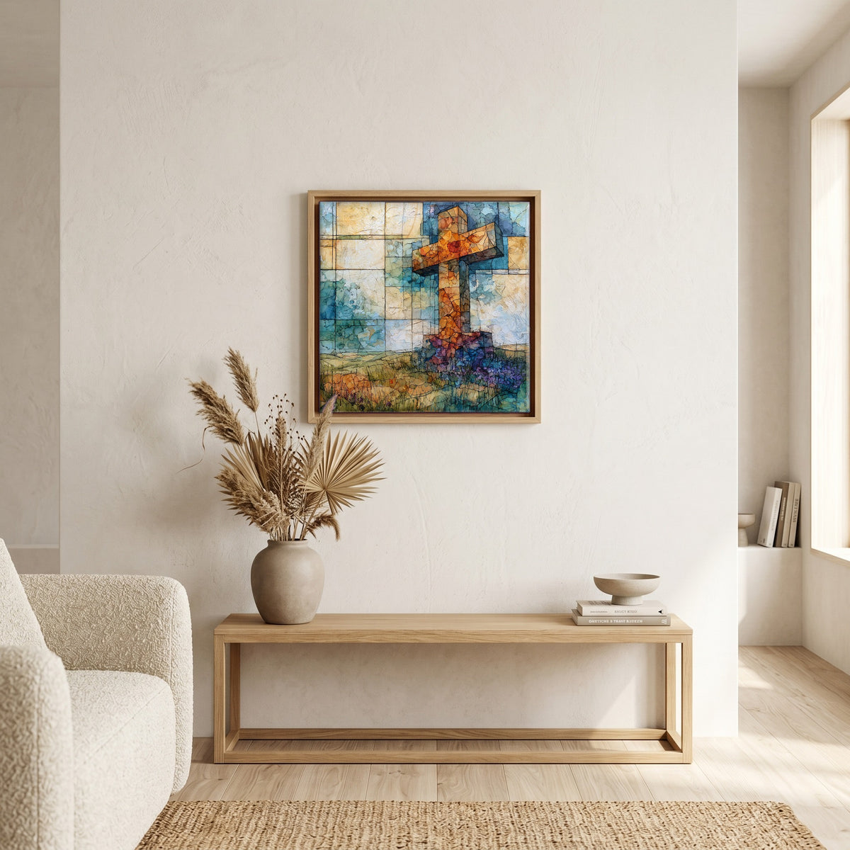 In the living room, above the sofa.