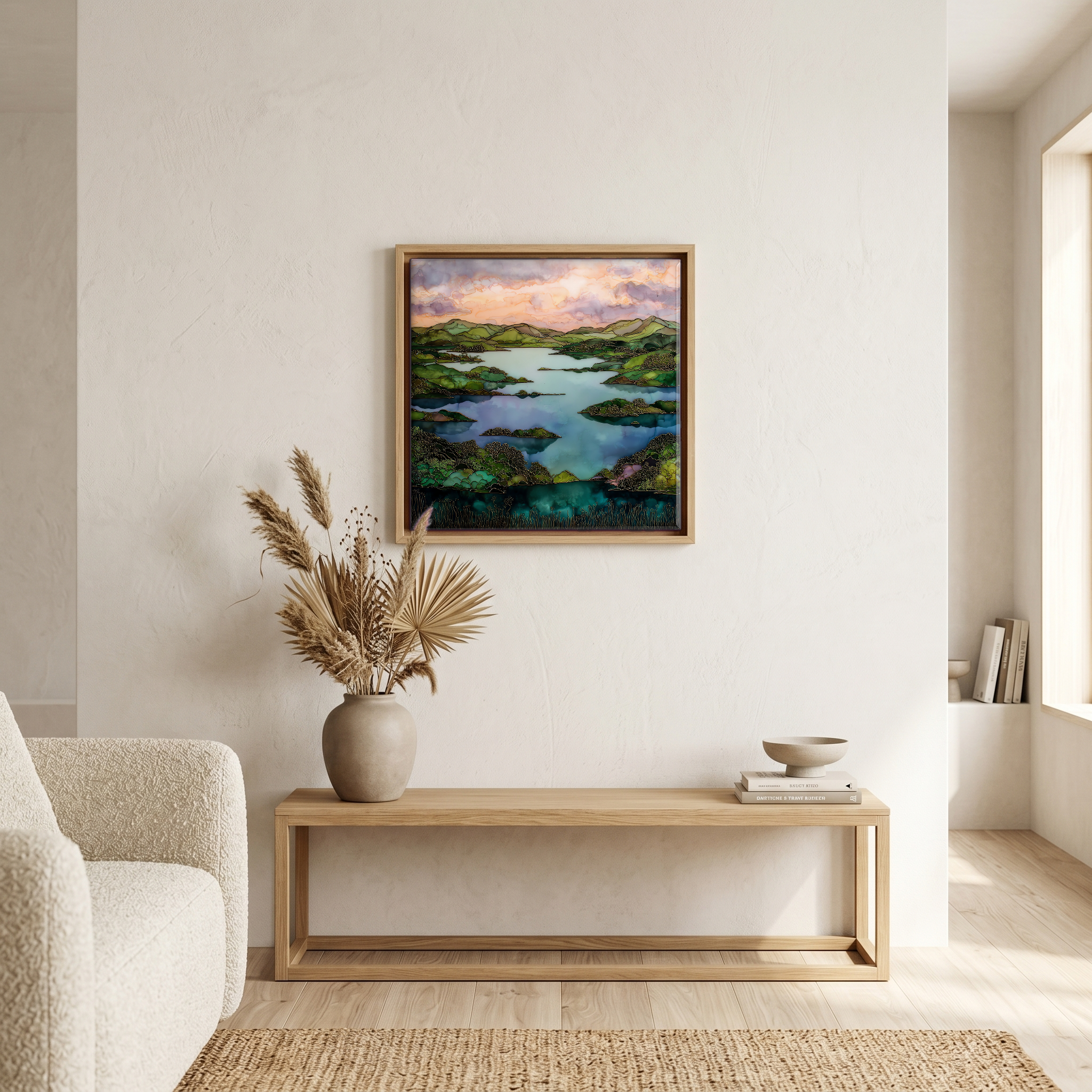 Above the bench, in a warm oak surround.