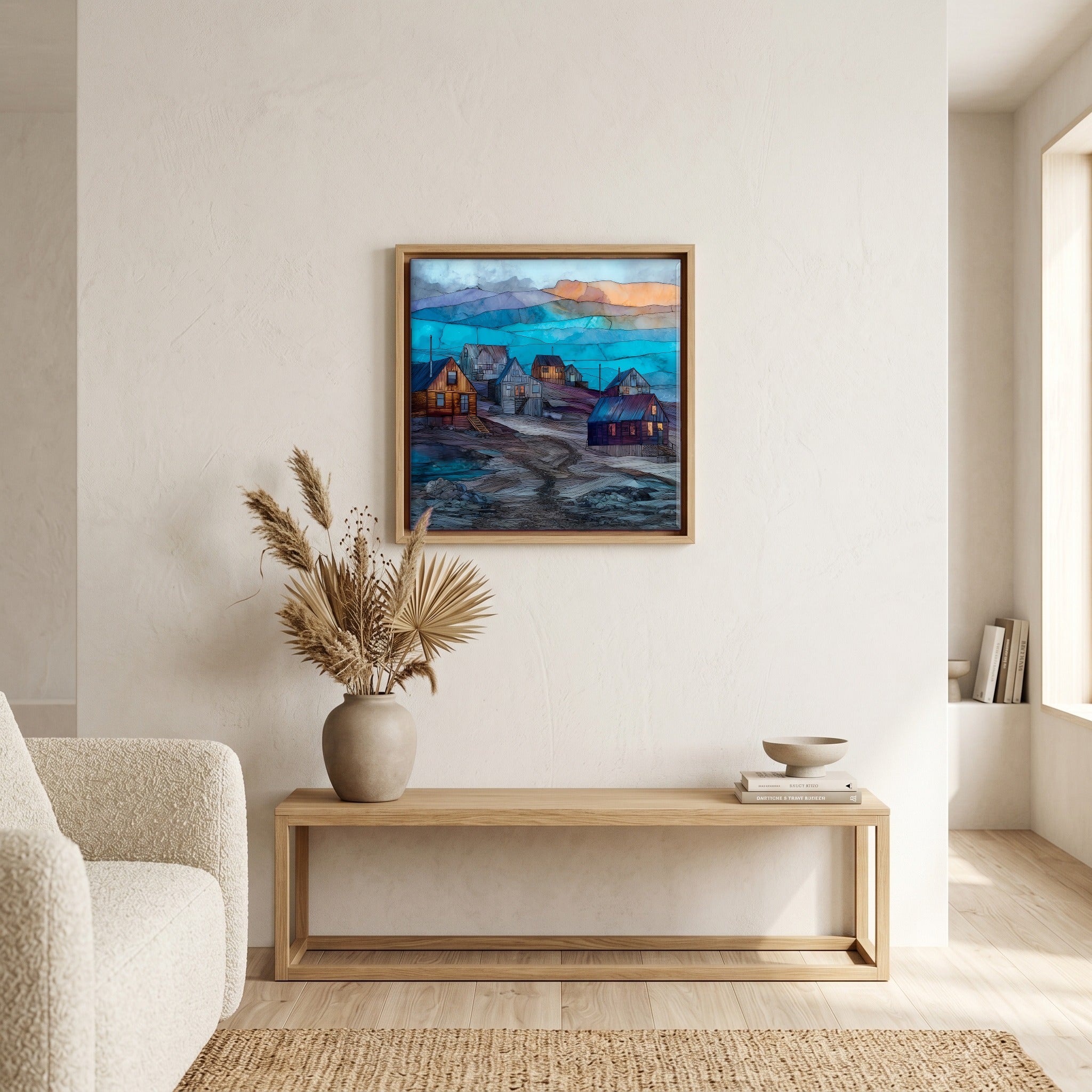 In the living room, above the sofa.