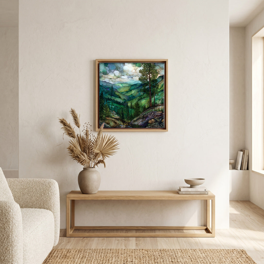 In the living room, above the sofa.