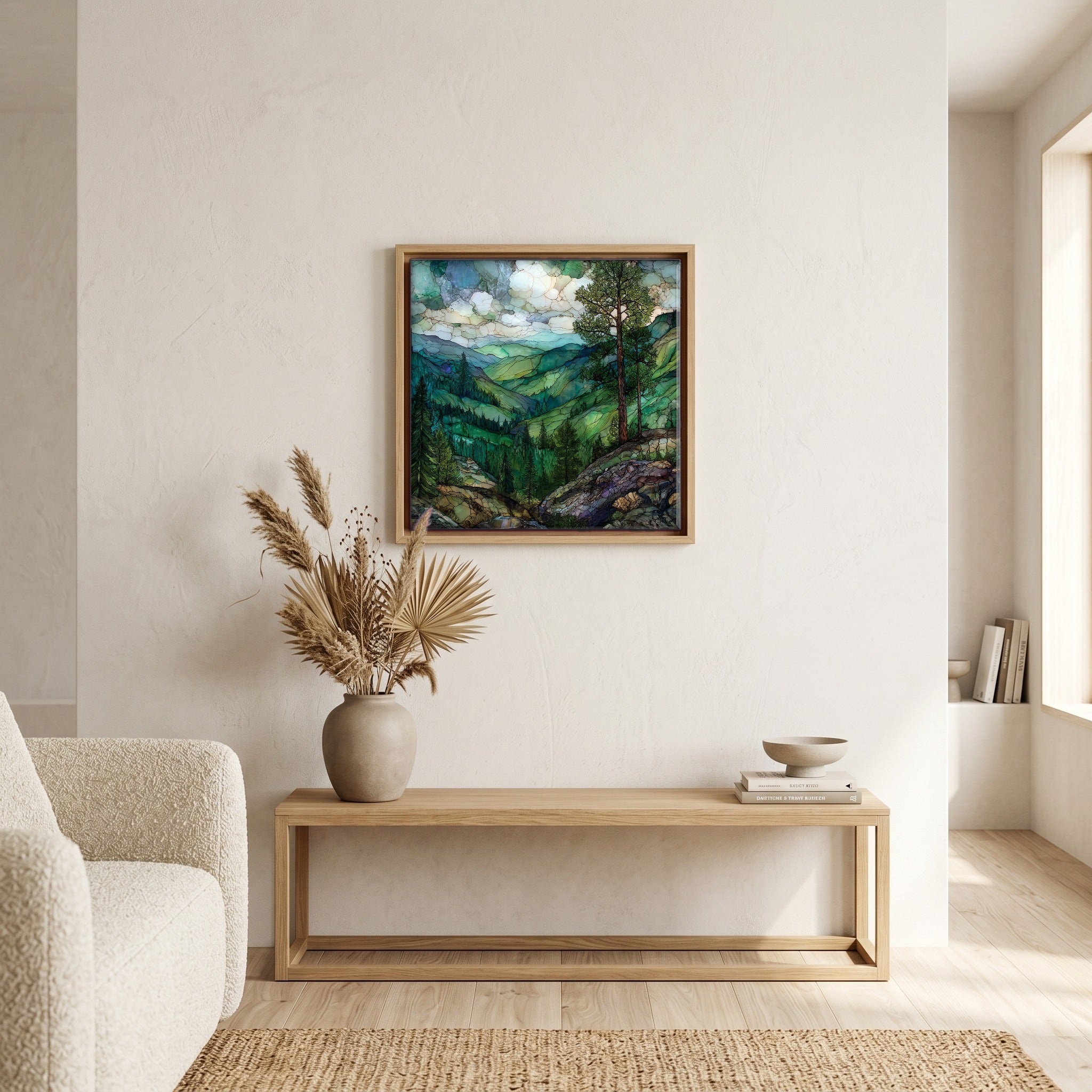 In the living room, above the sofa.