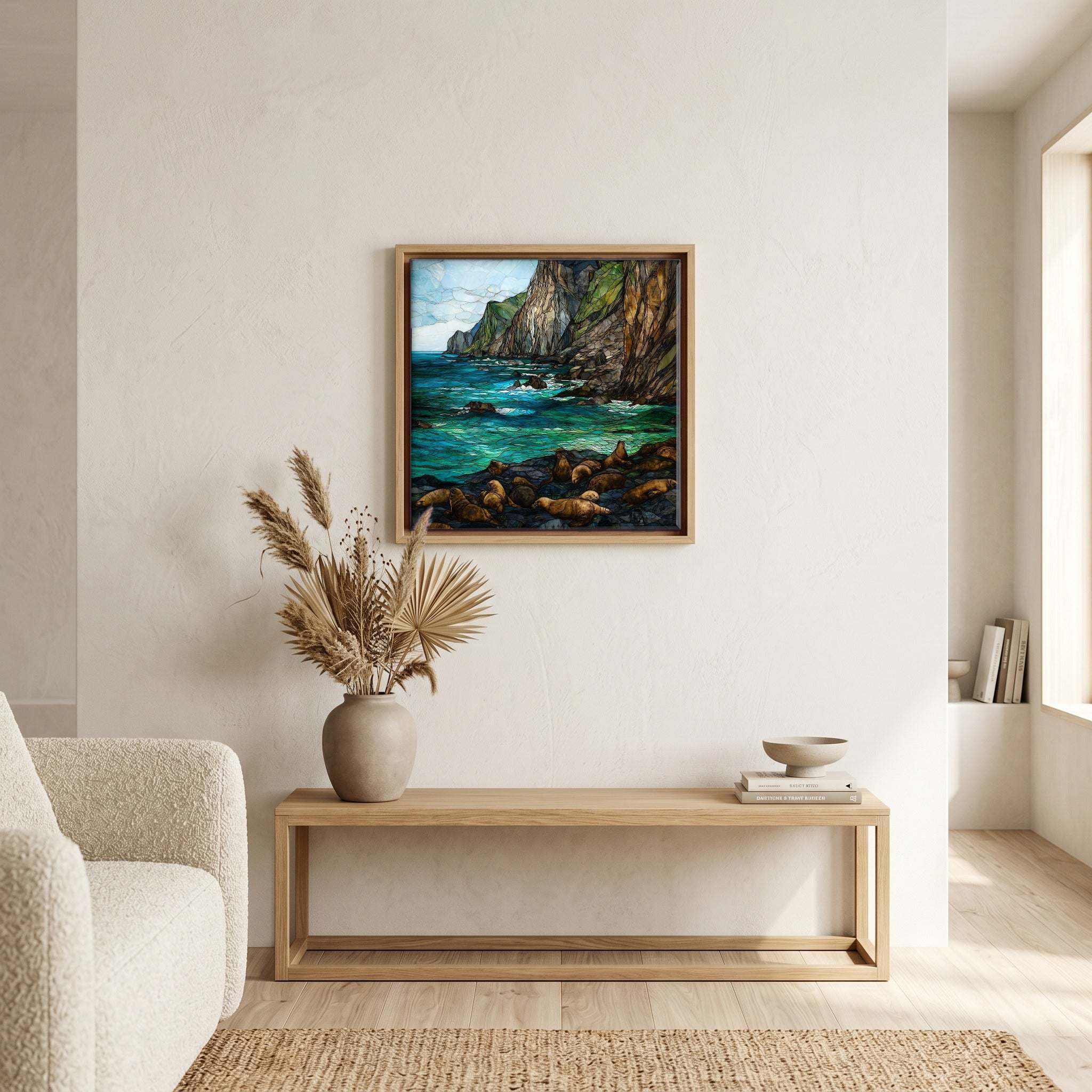 In the living room, above the sofa.