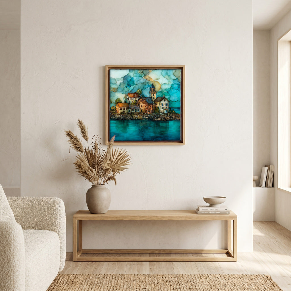 In the living room, above the sofa.