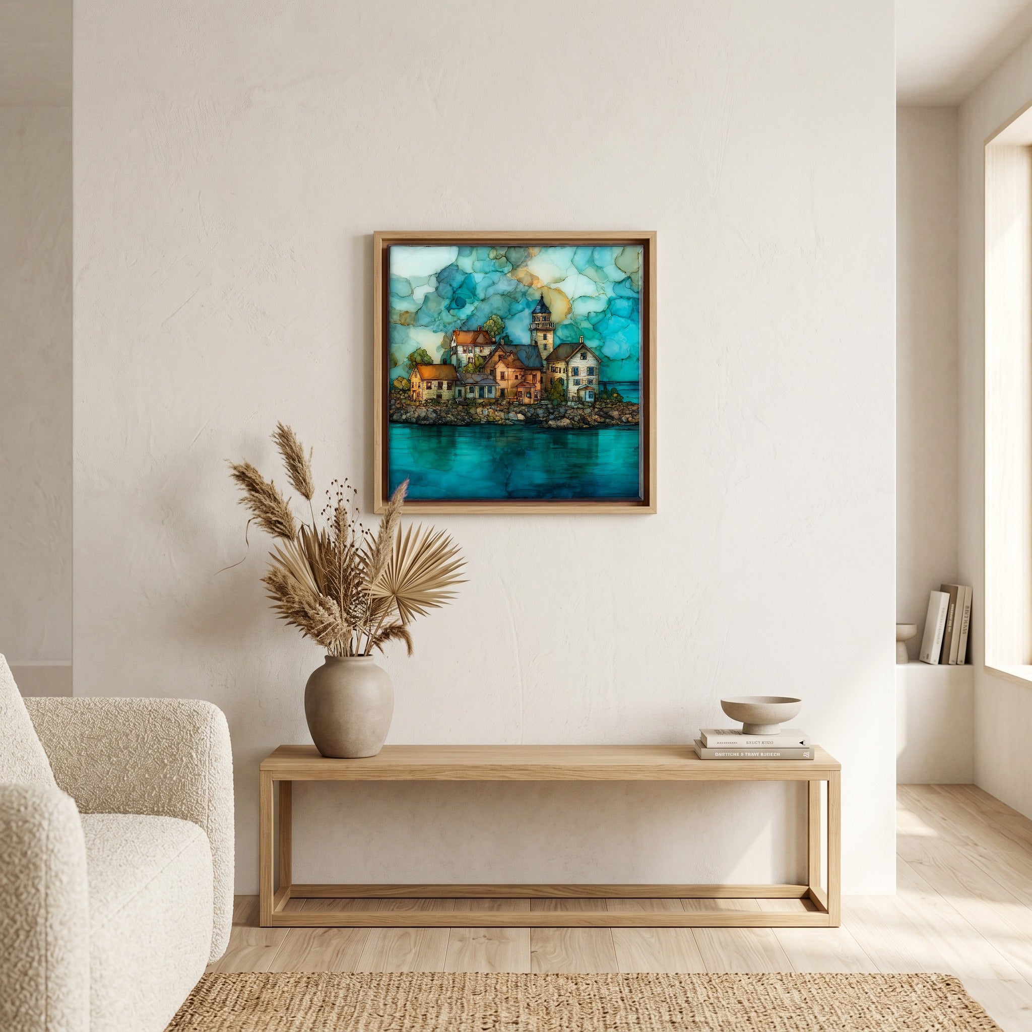 In the living room, above the sofa.