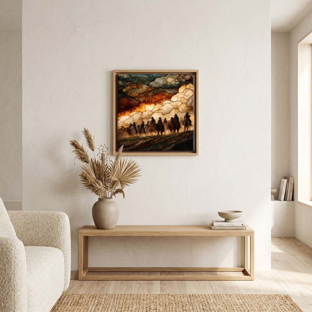 In the living room, above the sofa.