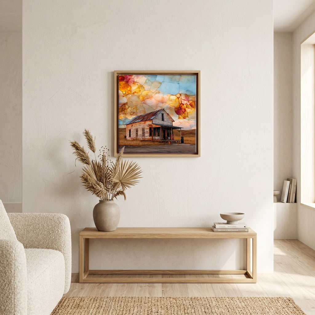 In the living room, above the sofa.