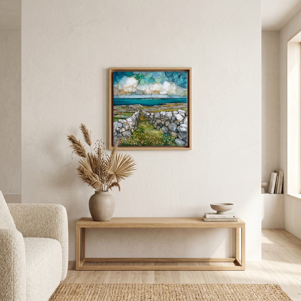 Above the bench, in a warm oak surround.