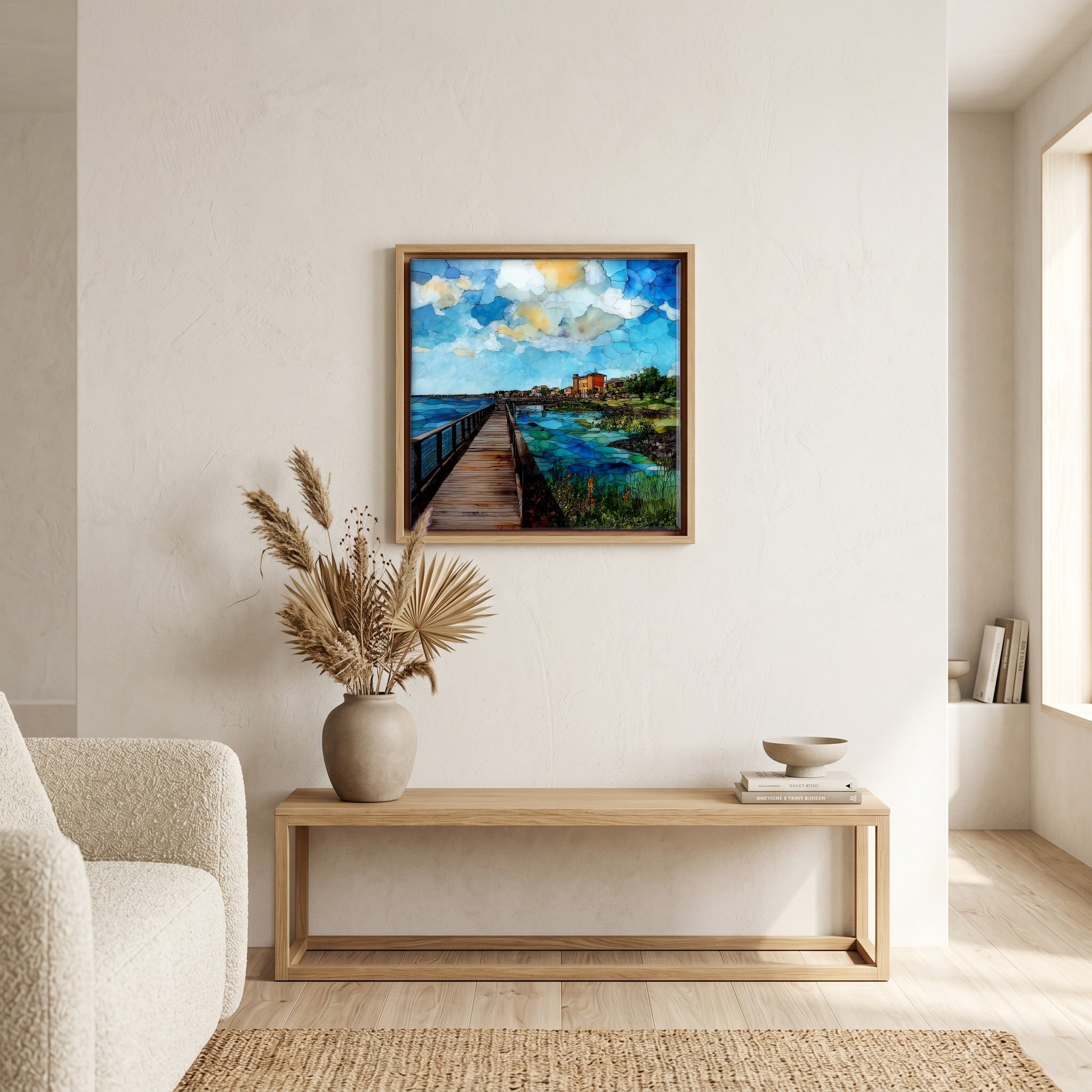 In the living room, above the sofa.