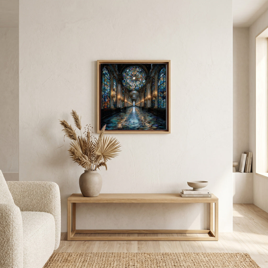 Above the bench, in a warm oak surround.